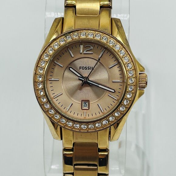 Fossil Accessories - Fossil Mini Riley Watch Women Pave 30mm Gold Tone Date ES 2889 New Battery 6.5"